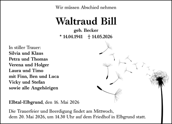Traueranzeige von Waltraud Bill von Nassauische Neue Presse