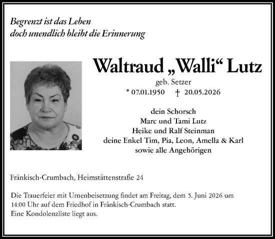 Traueranzeige von Waltraud Lutz von Odenwälder Echo