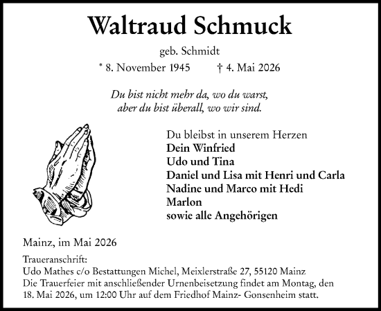 Traueranzeige von Waltraud Schmuck von Allgemeine Zeitung Mainz