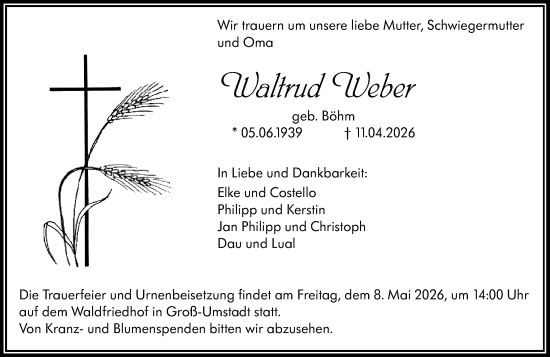 Traueranzeige von Waltrud Weber von Darmstädter Echo