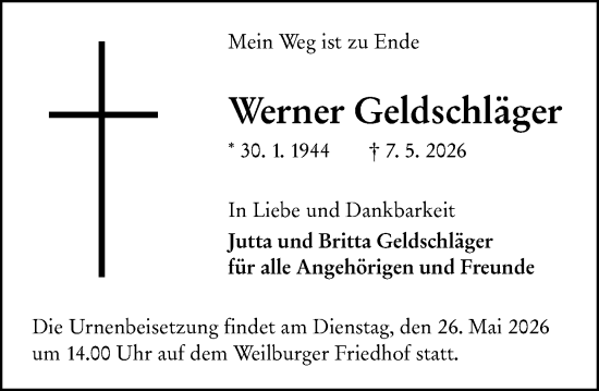 Traueranzeige von Werner Geldschläger von Weilburger Tageblatt