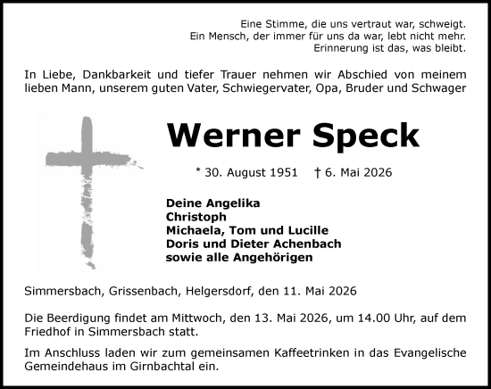 Traueranzeige von Werner Speck von Dill Block