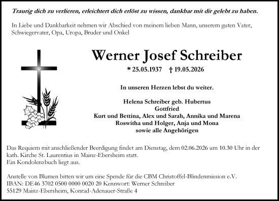 Traueranzeige von Werner Josef Schreiber von Allgemeine Zeitung Mainz