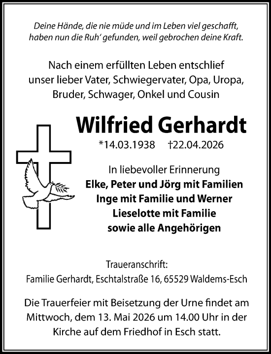 Traueranzeige von Wilfried Gerhardt von Camberger Anzeiger