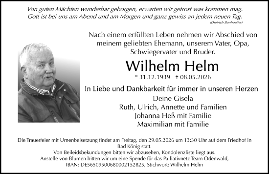 Traueranzeige von Wilhelm Helm von Odenwälder Echo