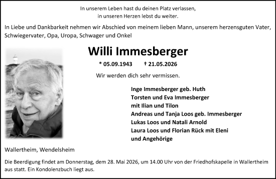 Traueranzeige von Willi Immesberger von Allgemeine Zeitung Alzey