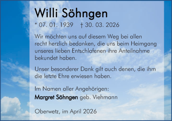 Traueranzeige von Willi Söhngen von Wetzlarer Neue Zeitung
