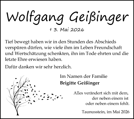 Traueranzeige von Wolfgang Geißinger von Wiesbadener Kurier