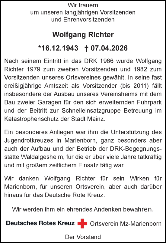Traueranzeige von Wolfgang Richter von Allgemeine Zeitung Mainz