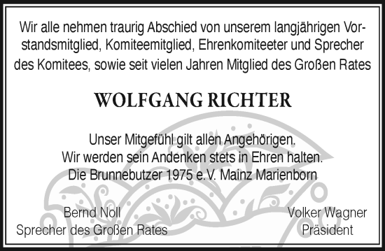 Traueranzeige von Wolfgang Richter von Allgemeine Zeitung Mainz