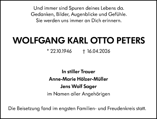 Traueranzeige von Wolfgang Karl Otto Peters von Allgemeine Zeitung Mainz
