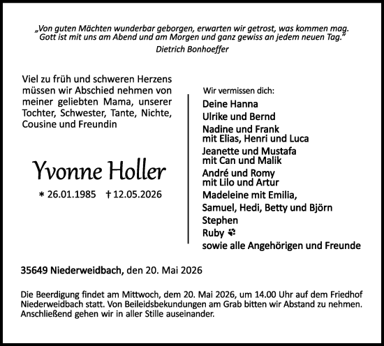 Traueranzeige von Yvonne Holler von Dill Block