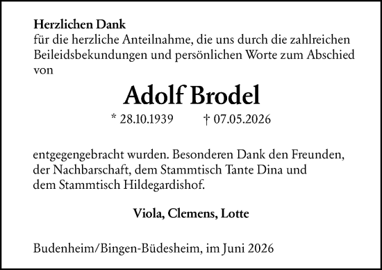 Traueranzeige von Adolf Brodel von Allgemeine Zeitung Rheinhessen-Nahe