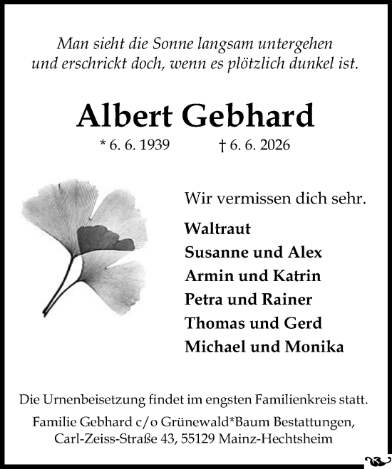 Traueranzeige von Albert Gebhard von Allgemeine Zeitung Mainz