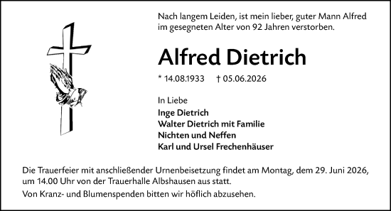 Traueranzeige von Alfred Dietrich von Wetzlarer Neue Zeitung