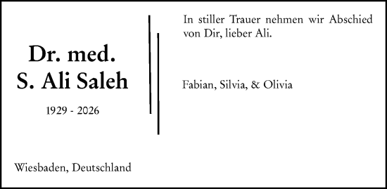 Traueranzeige von Ali Saleh von Wiesbadener Kurier