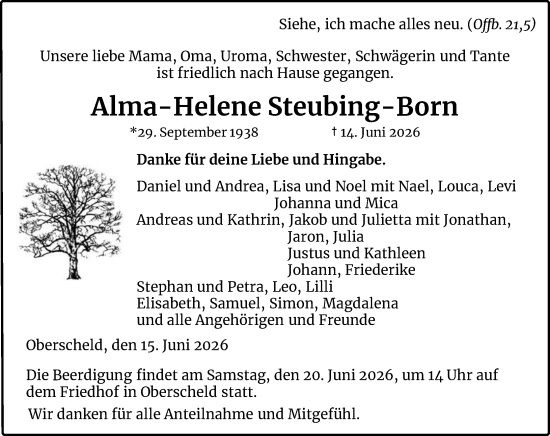 Traueranzeige von Alma-Helene Steubing-Born von Dill Block