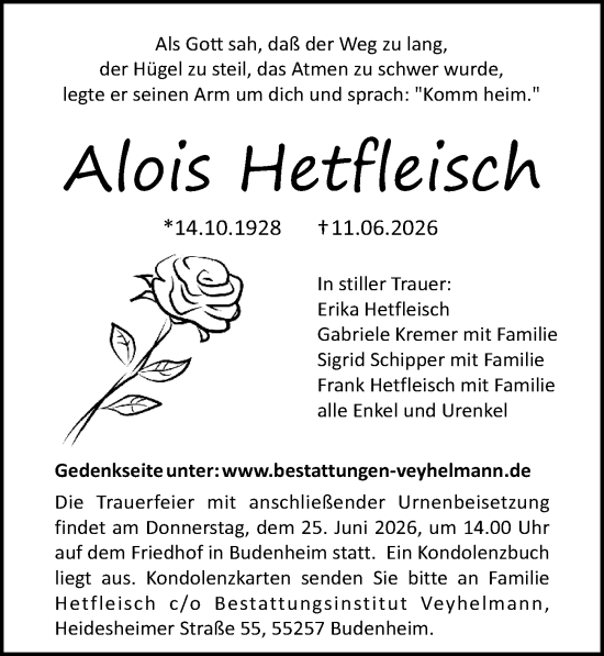 Traueranzeige von Alois Hetfleisch von Allgemeine Zeitung Mainz