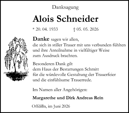 Traueranzeige von Alois Schneider von Dill Block