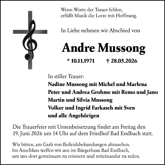 Traueranzeige von Andre Mussong von Hinterländer Anzeiger