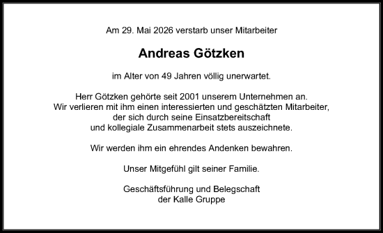 Traueranzeige von Andreas Götzken von Camberger Anzeiger