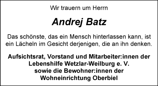 Traueranzeige von Andrej Batz von Weilburger Tageblatt