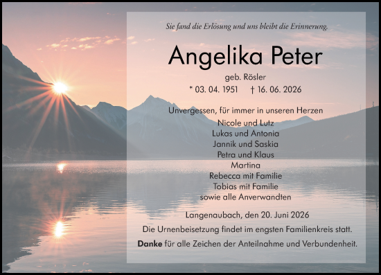 Traueranzeige von Angelika Peter von Dill Block