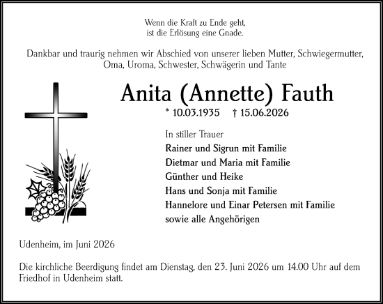 Traueranzeige von Anita Fauth von Allgemeine Zeitung Alzey