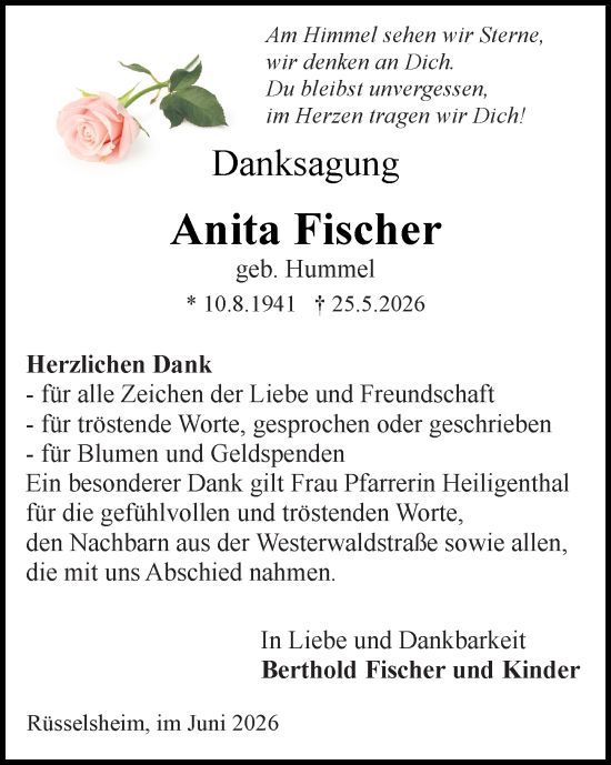 Traueranzeige von Anita Fischer von Rüsselsheimer Echo