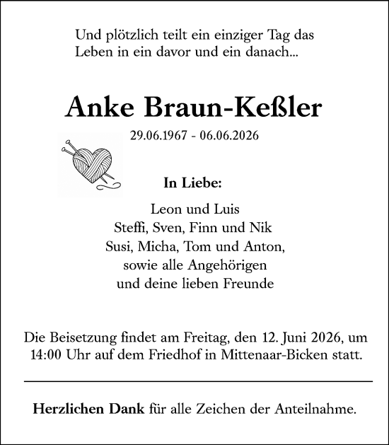 Traueranzeige von Anke Braun-Keßler von Dill Block