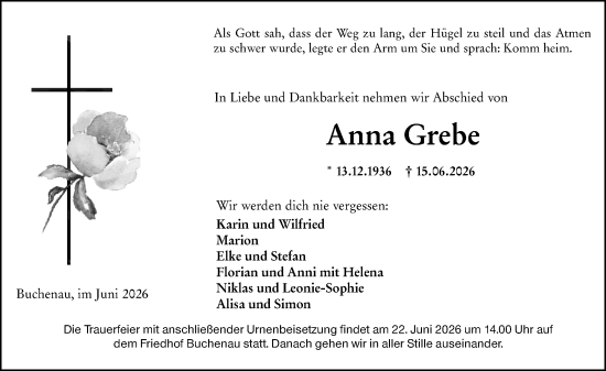 Traueranzeige von Anna Grebe von Hinterländer Anzeiger