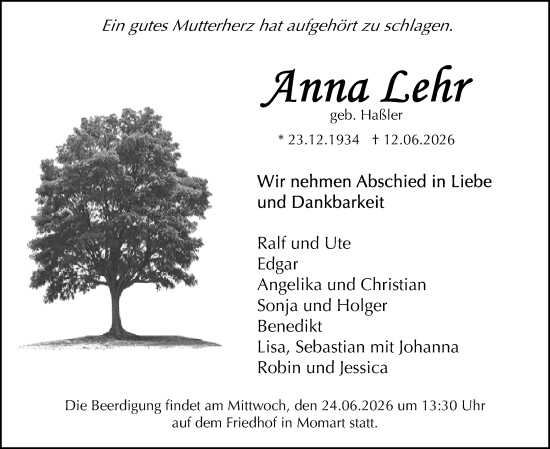 Traueranzeige von Anna Lehr von Odenwälder Echo