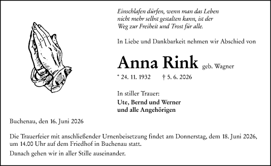 Traueranzeige von Anna Rink von Hinterländer Anzeiger