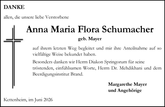Traueranzeige von Anna Maria Flora Schumacher von Allgemeine Zeitung Alzey