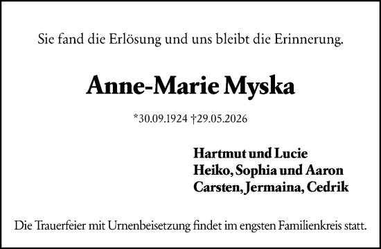 Traueranzeige von Anne-Marie Myska von Odenwälder Echo