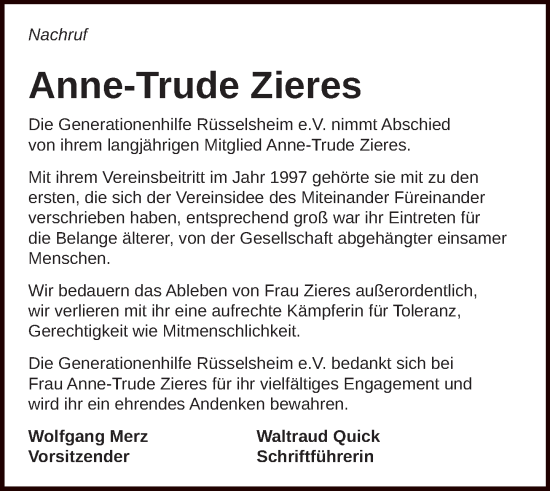Traueranzeige von Anne-Trude Zieres von Rüsselsheimer Echo