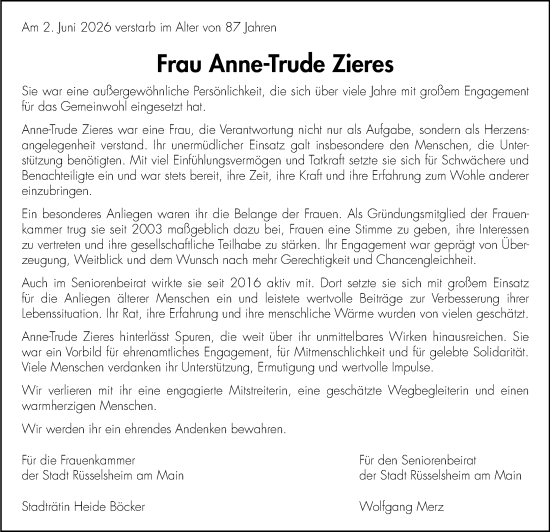 Traueranzeige von Anne-Trude Zieres von Rüsselsheimer Echo