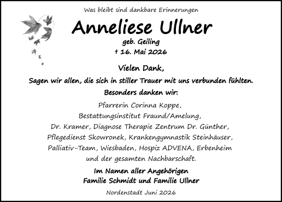 Traueranzeige von Anneliese Ullner von Wiesbadener Kurier