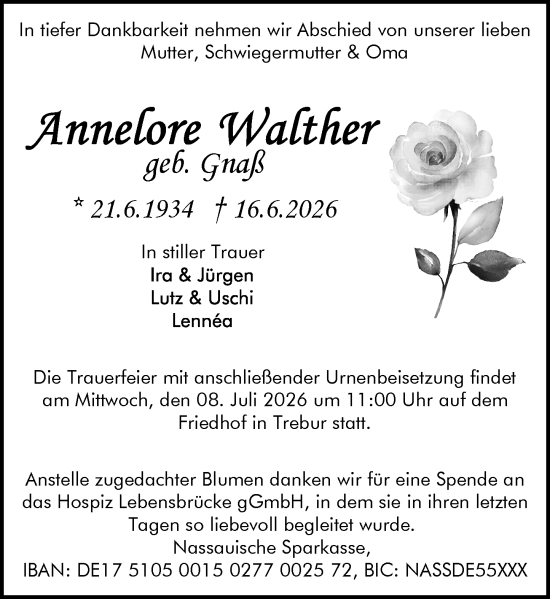 Traueranzeige von Annelore Walther von Rüsselsheimer Echo
