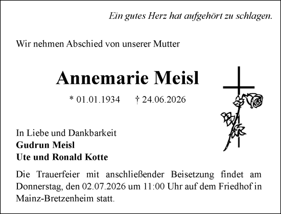 Traueranzeige von Annemarie Meisl von Allgemeine Zeitung Mainz