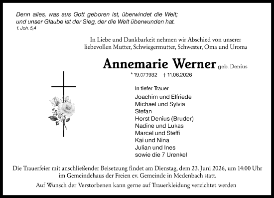 Traueranzeige von Annemarie Werner von Dill Block