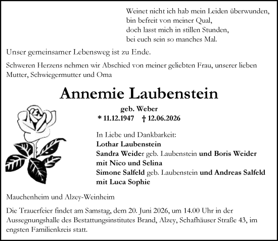 Traueranzeige von Annemie Laubenstein von Allgemeine Zeitung Alzey