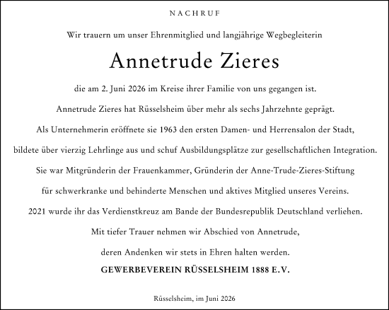 Traueranzeige von Annetrude Zieres von Rüsselsheimer Echo