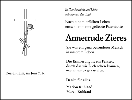 Traueranzeige von Annetrude Zieres von Rüsselsheimer Echo