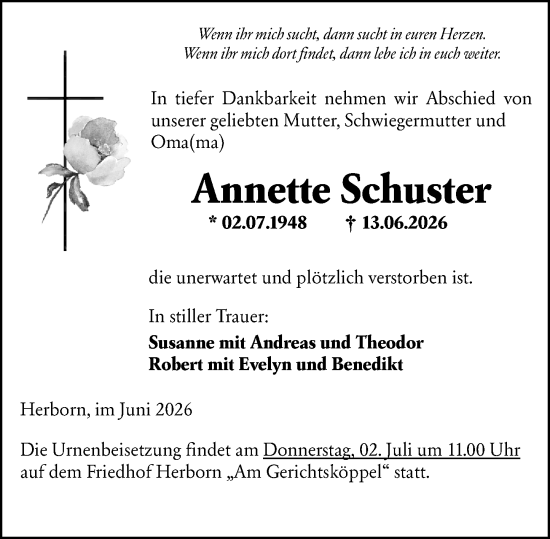Traueranzeige von Annette Schuster von Dill Block