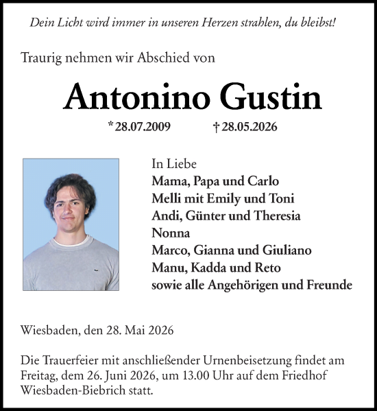 Traueranzeige von Antonino Gustin von Wiesbadener Kurier