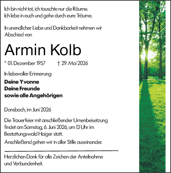 Traueranzeige von Armin Kolb von Dill Block