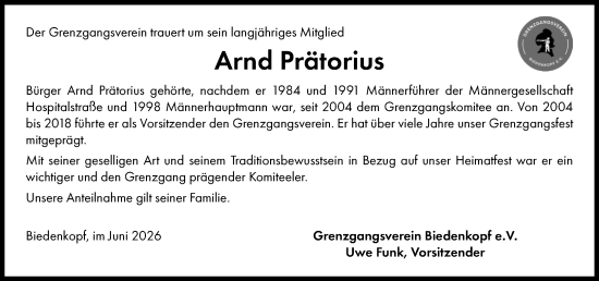 Traueranzeige von Arnd Prätorius von Hinterländer Anzeiger