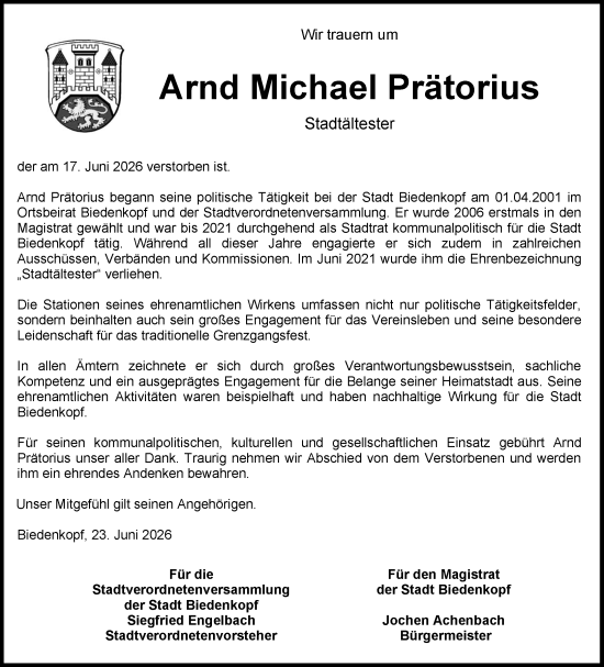 Traueranzeige von Arnd Michael Prätorius von Hinterländer Anzeiger