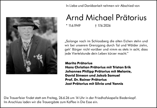 Traueranzeige von Arnd Michael Prätorius von Hinterländer Anzeiger